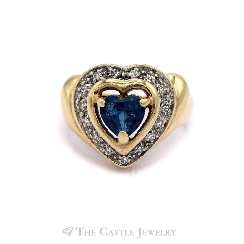 ladies rings custom personalized -Heart Shaped Blue Topaz Ring with Heart Shaped Diamond Halo in 14KT Yellow Gold