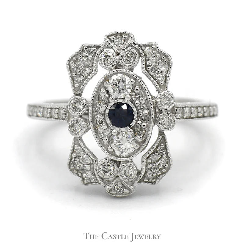 ladies rings promise ring style -Vintage Style Sapphire Shield Ring with Diamond Accents in 14k White Gold