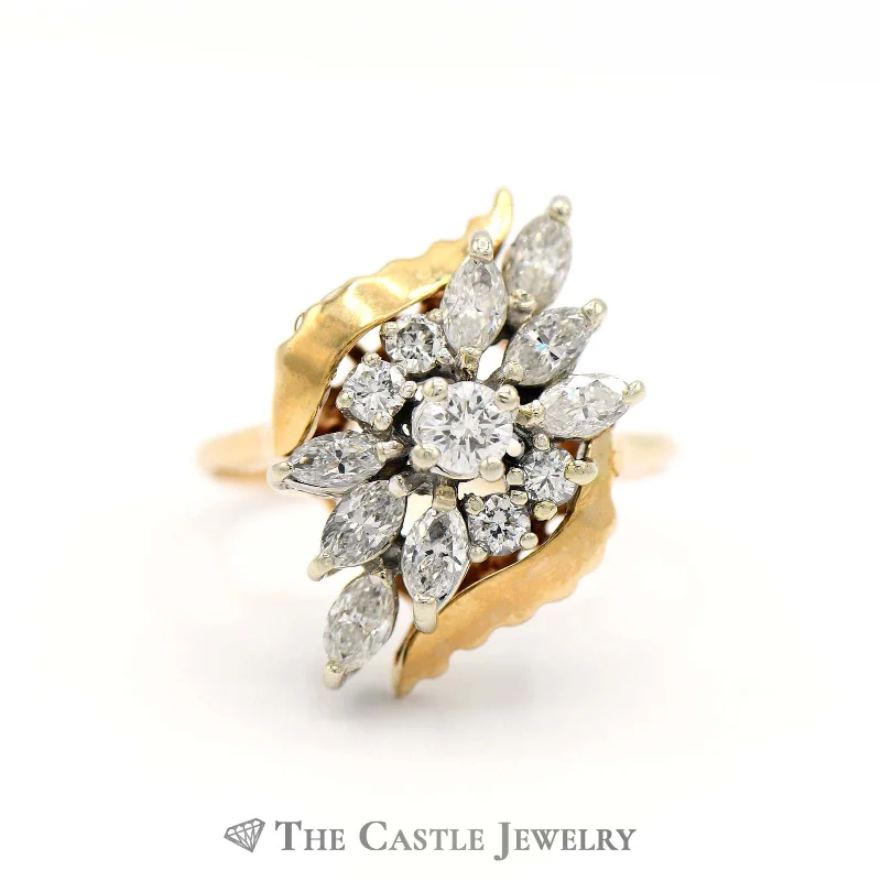 ladies rings for young women -1cttw Marquise Shaped Diamond Cluster Ring in 10k Yellow Gold