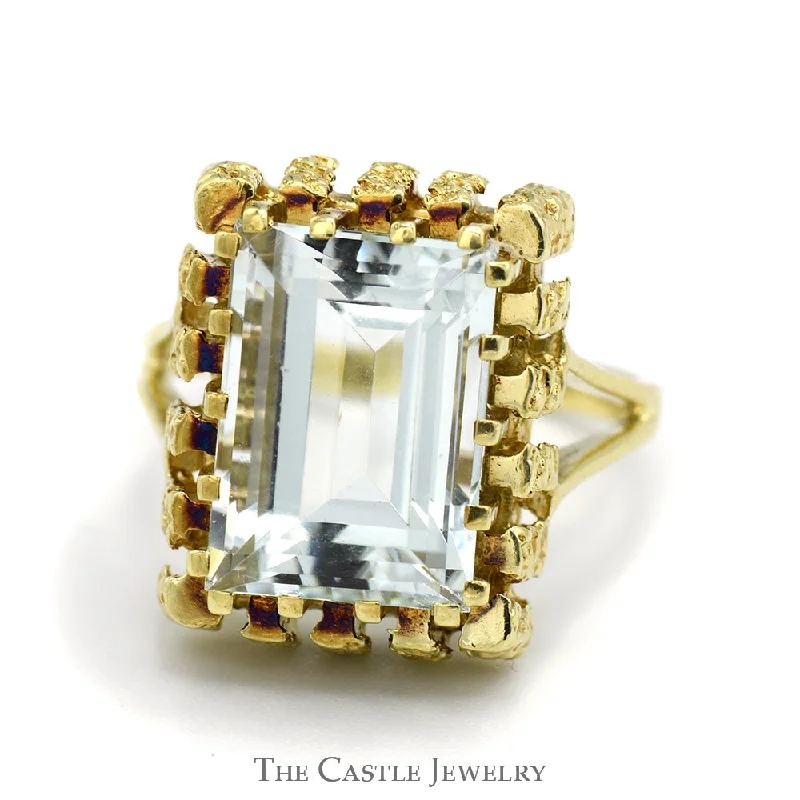 ladies rings with amethyst purple -Emerald Cut Aquamarine Ring in 14k Yellow Gold Nugget Style Bezel