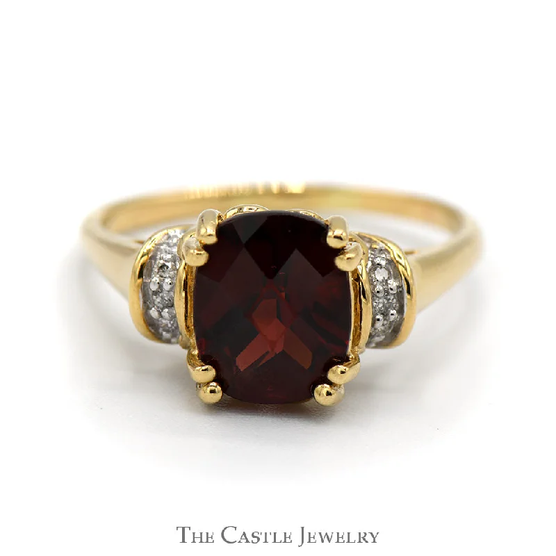 ladies rings with topaz blue -Cushion Cut Garnet Ring with Diamond Accents in 14k Yellow Gold