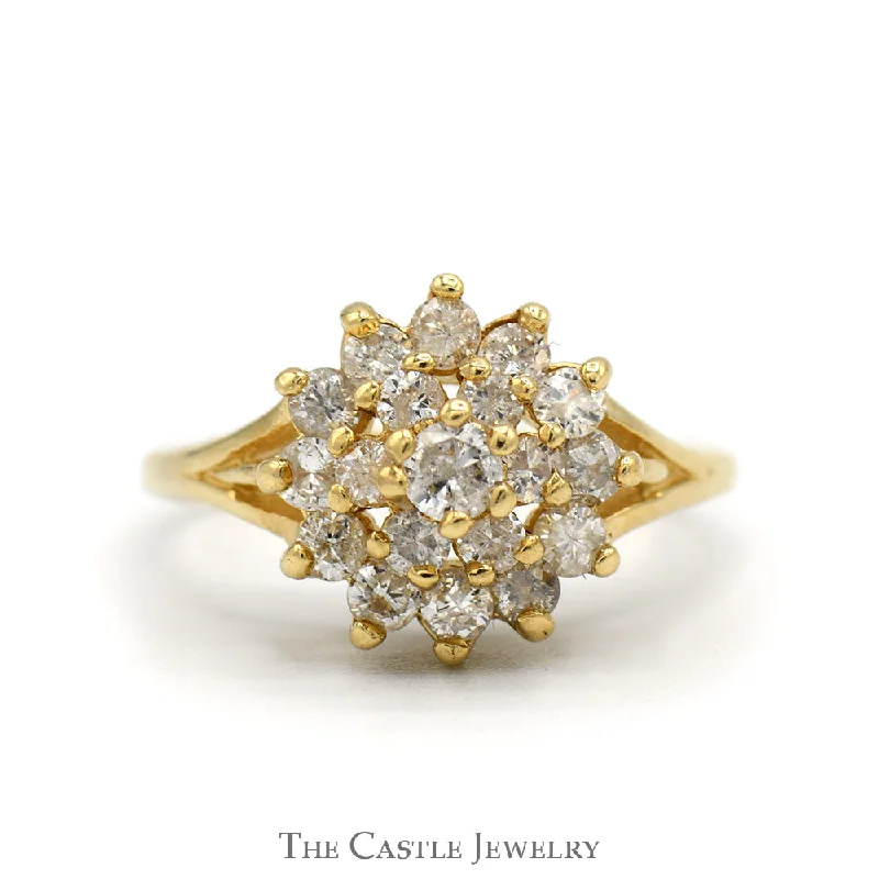 ladies rings with red ruby -1/2cttw Diamond Snowflake Cluster Ring in 14k Yellow Gold