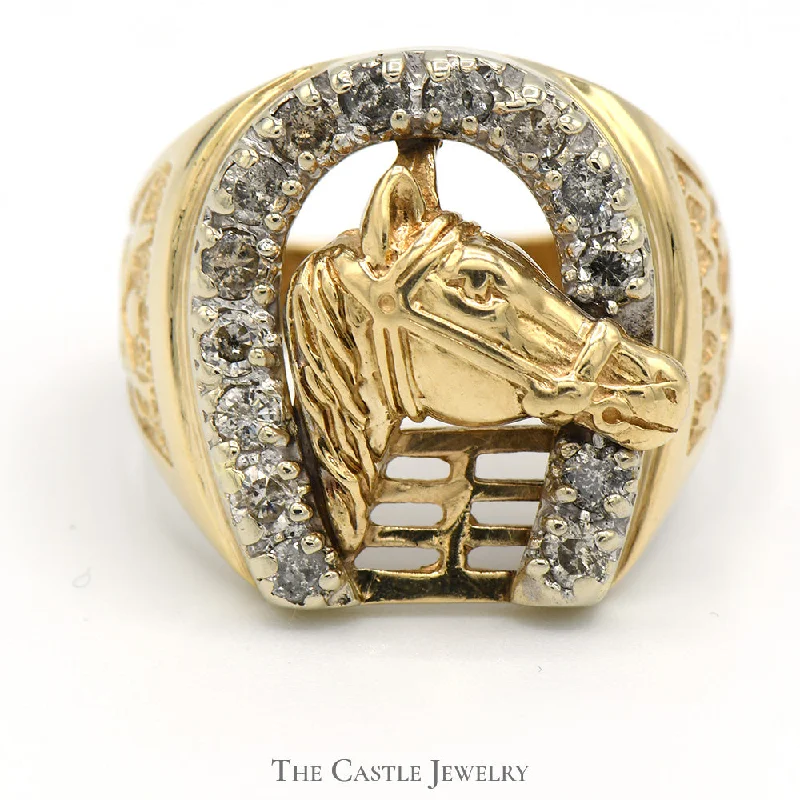 ladies rings with crystal accents -Horse Head in Diamond Horseshoe Equestrian Ring in 10k Yellow Gold