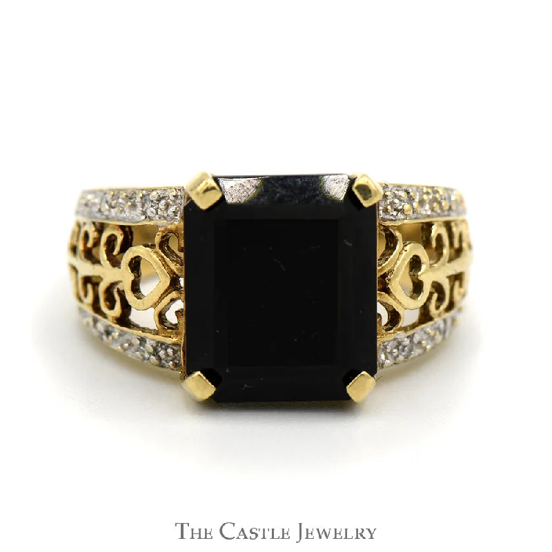 ladies rings layered stackable look -Rectangle Cut Black Onyx Ring with Diamond Accented Scroll Designed Sides in 10k Yellow Gold