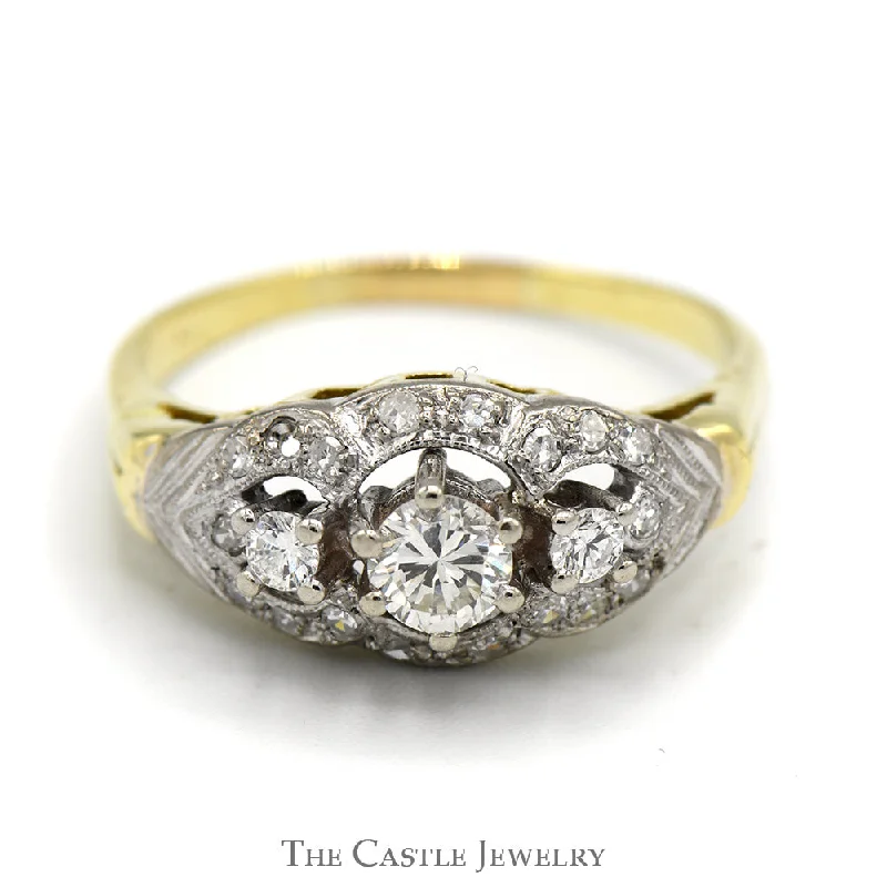 ladies rings eternity band style -Three Stone Antique Style Diamond Ring with Diamond Accents in 14k Yellow Gold