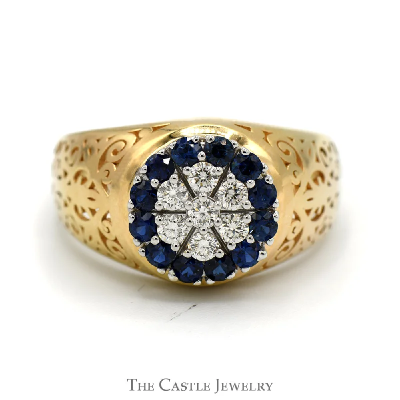 ladies rings with opal glow -Sapphire and Diamond Kentucky Cluster Ring with Open Filigree Sides in 14k Yellow Gold