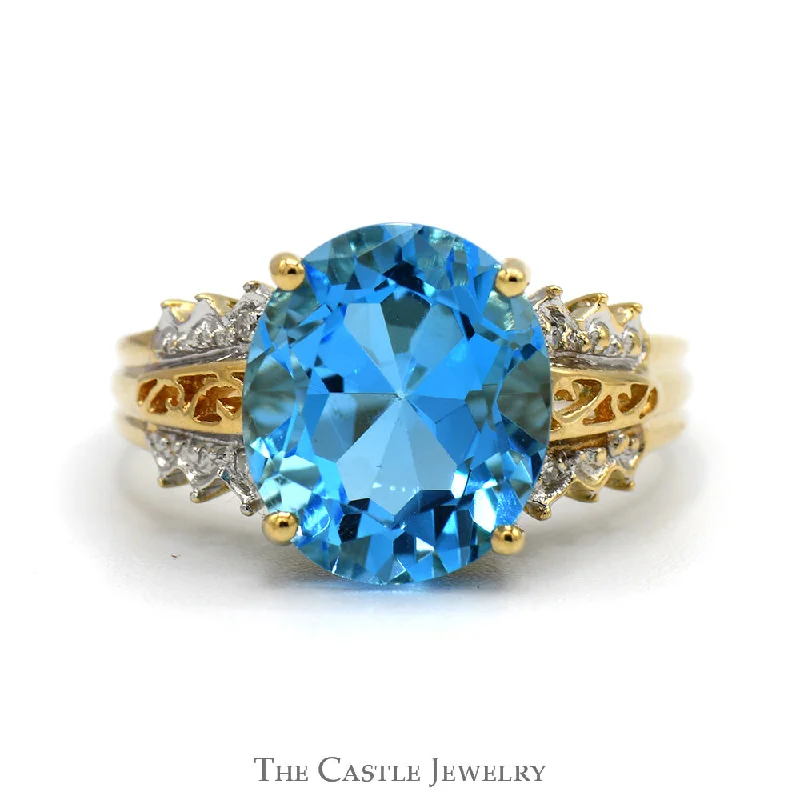 ladies rings for special occasions -Oval Topaz Ring with Diamond Accented Scroll Designed Sides in 10k Yellow Gold