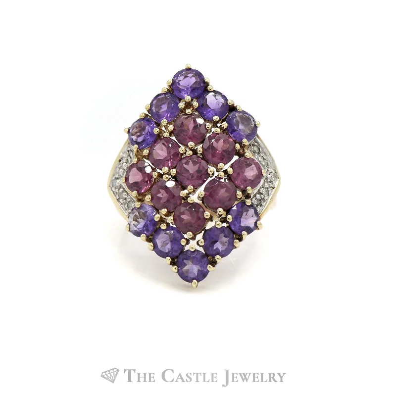 ladies rings for special occasions -Rhodolite Garnet and Amethyst Cluster Ring with Diamond Accents in 10k Yellow Gold