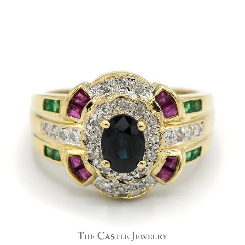 ladies rings with orange garnet -Oval Sapphire Ring with Diamond, Ruby and Emerald Accents in 14k Yellow Gold