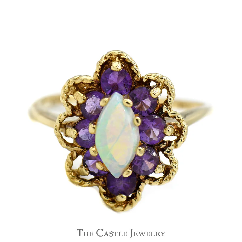 ladies rings hypoallergenic material -Marquise Opal Ring with Amethyst Halo and Floral Bezel in 14k Yellow Gold