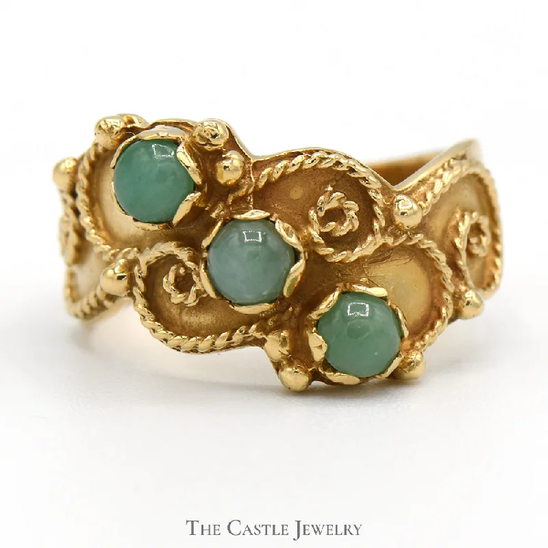 ladies rings white gold finish -Triple Round Cabochon Jade Ring with Twisted Rope Design in 14k Yellow Gold