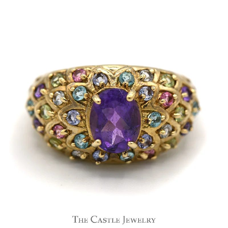 ladies rings with green emerald -Oval Amethyst & Multi Gemstone Cluster Ring in 10k Yellow Gold