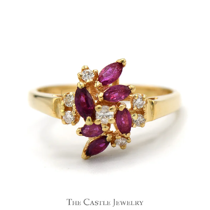 ladies rings for stylish women -Marquise Cut Ruby and Round Diamond Cluster Ring in 14k Yellow Gold