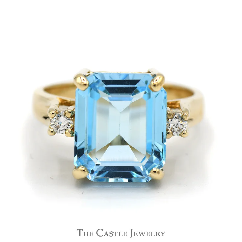 ladies rings promise ring style -Emerald Cut Blue Topaz Ring with Round Diamond Accents in 14k Yellow Gold