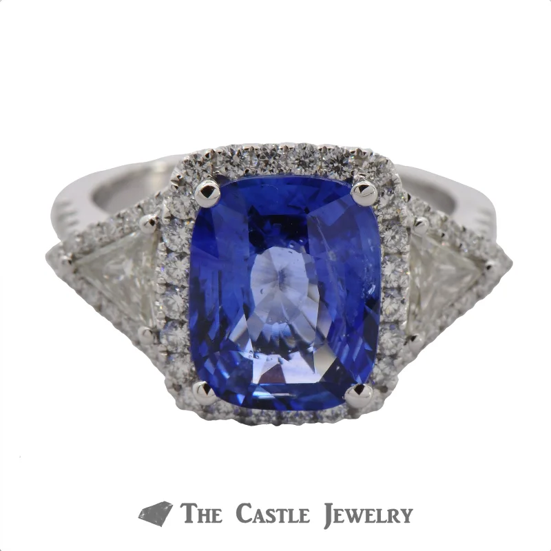 ladies rings art deco flair -Cushion Cut Sapphire Ring with Trillion & Round Diamond Accents