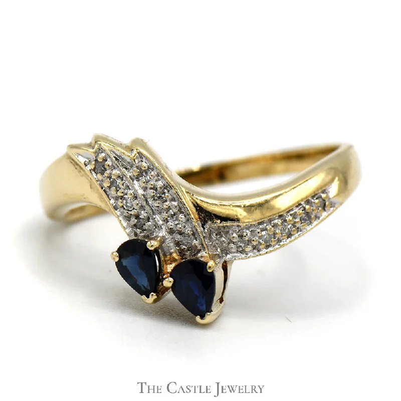 ladies rings anniversary special gift -Double Pear Cut Sapphire Ring with Diamond Accents in 10k Yellow Gold Curved Band