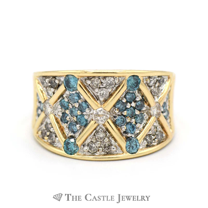 ladies rings for party wear -Concaved 1.25cttw Blue and White Diamond Cluster Ring in 14k Yellow Gold