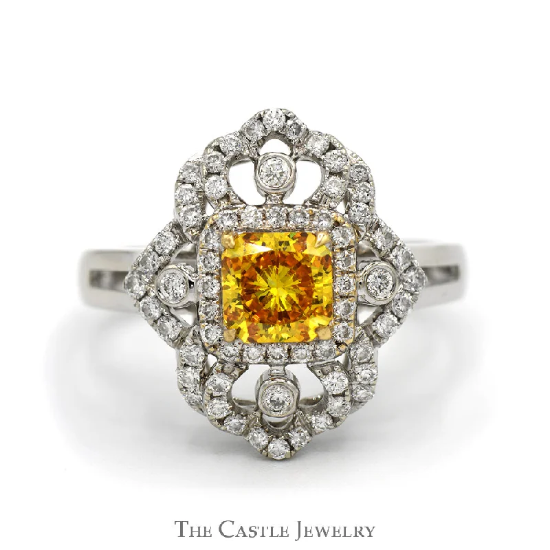 ladies rings for fashion enthusiasts -Cushion Cut Yellow Diamond Shield Ring with Diamond Accents and Split Shank Setting in 18k White Gold