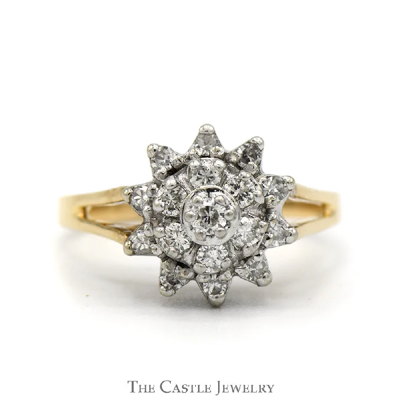 ladies rings bold fashion statement -Flower Shaped Diamond Cluster Ring with Split Shank Sides in 14k Yellow Gold