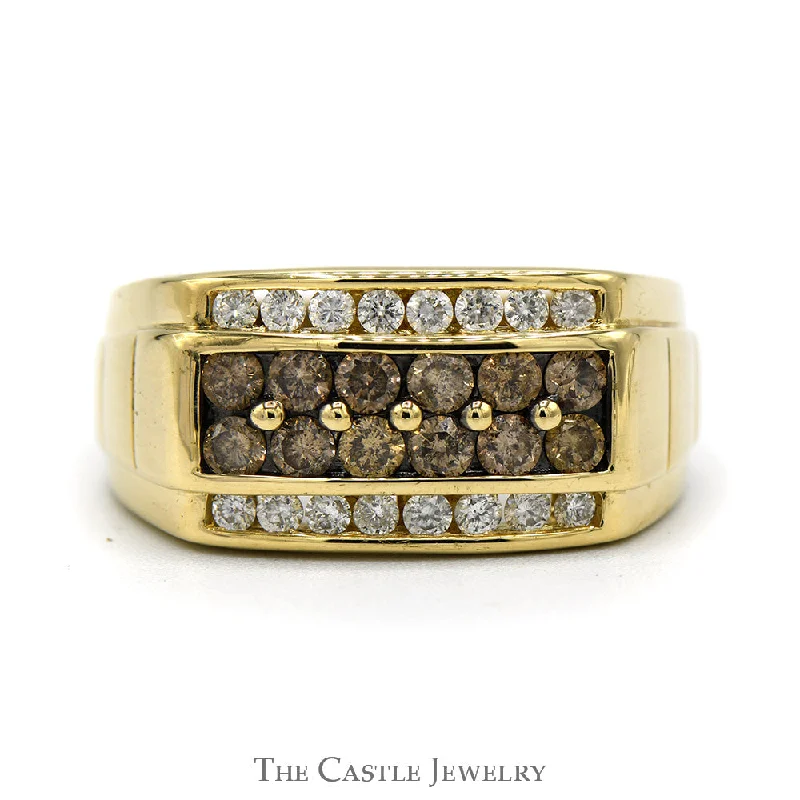 ladies rings delicate thin band -Men's Effy .96cttw Chocolate and White Diamond Designer Ring in 14k Yellow Gold