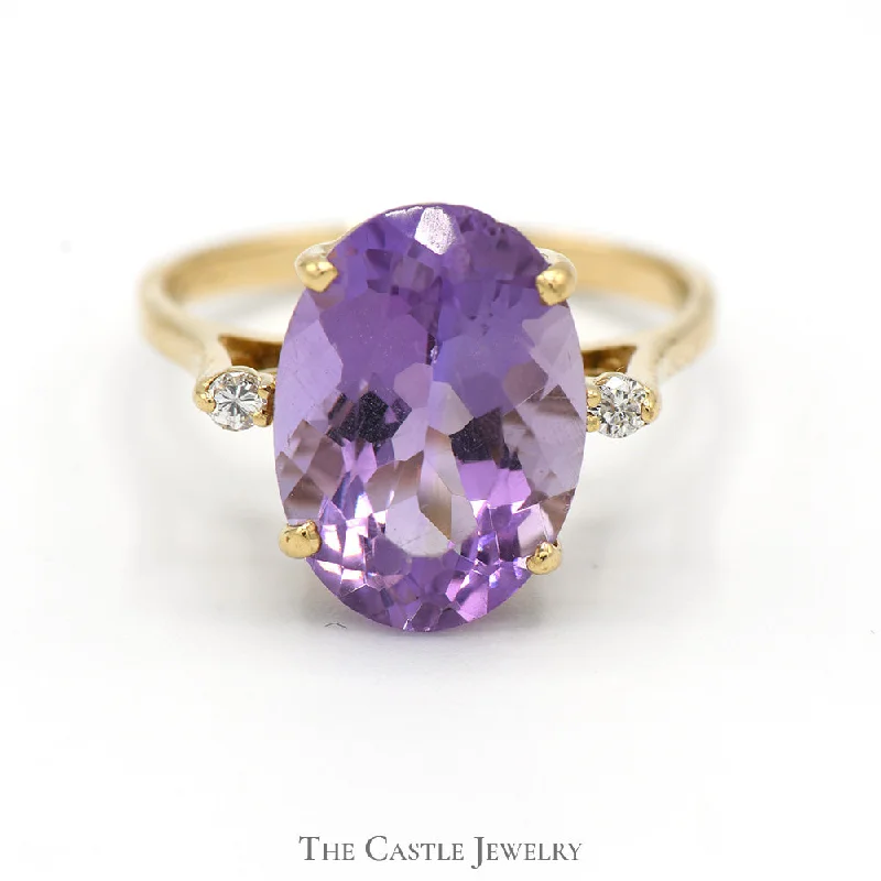 ladies rings with gemstone sparkle -Oval Cut Amethyst Ring with Diamond Accents in 14k Yellow Gold