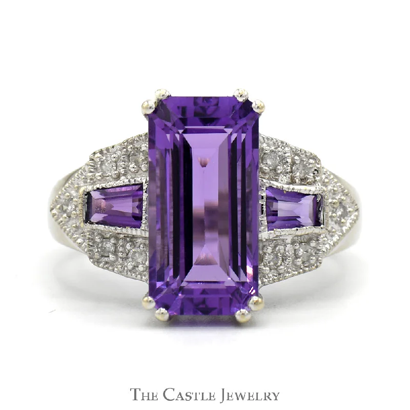 ladies rings custom personalized -Emerald Cut Amethyst Ring with Baguette Amethyst Sides and Diamond Accents in 14k White Gold