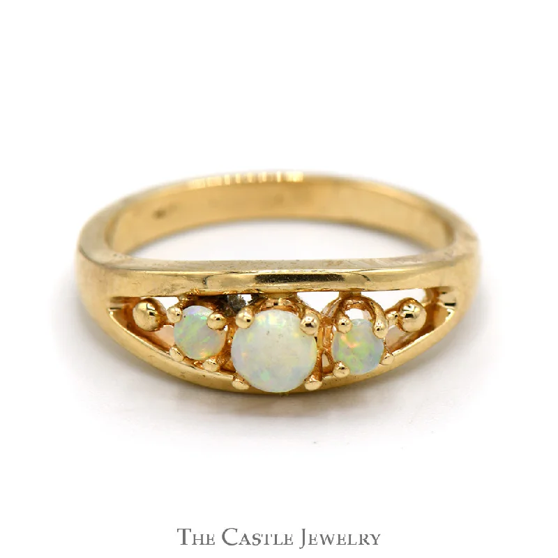 ladies rings dramatic bold look -Three Stone Opal Ring with Beaded Accents in 14k Yellow Gold