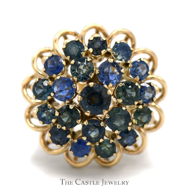 ladies rings layered stackable look -3 Tier Sapphire Cocktail Cluster Ring with Scalloped Edge in 10k Yellow Gold