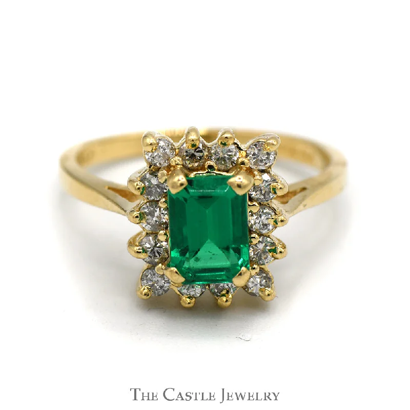 ladies rings classic timeless beauty -Emerald Cut Emerald Ring with RBC Diamond Halo in 14K Gold