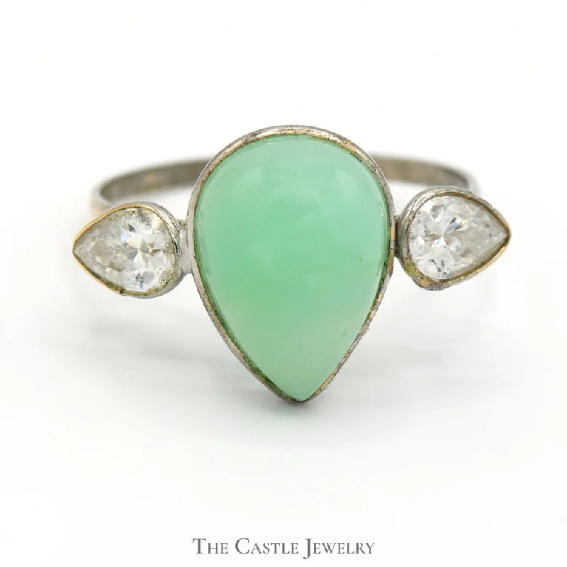 ladies rings adjustable size fit -Bezel Set Pear Cut Jade Ring with Moissanite Accents in 14k White Gold