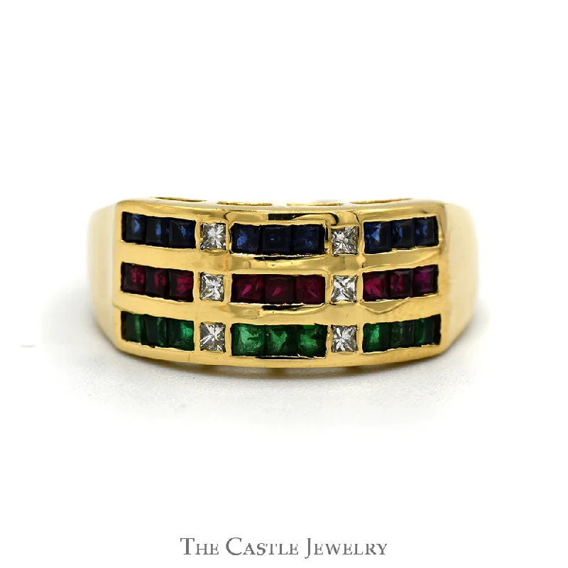 ladies rings boho chic vibe -Princess Cut Sapphire, Ruby & Emerald Multi Row Ring with Diamond Accents in 18k Yellow Gold