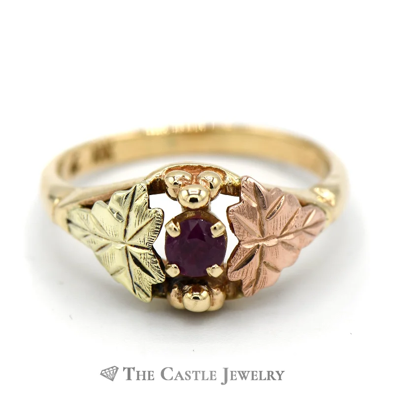 ladies rings geometric unique shape -Leaf Designed Round Ruby Ring in 10k Tri-tone Gold