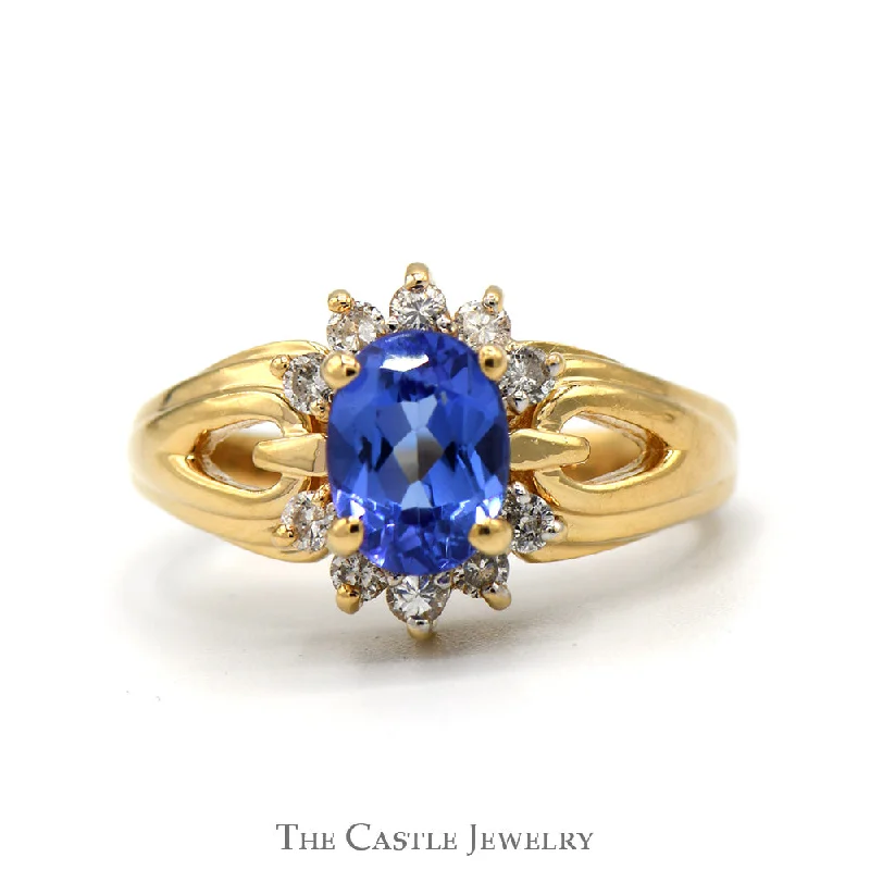 ladies rings boho chic vibe -Oval Tanzanite Ring with Diamond Accents in Open 14k Yellow Gold Mounting