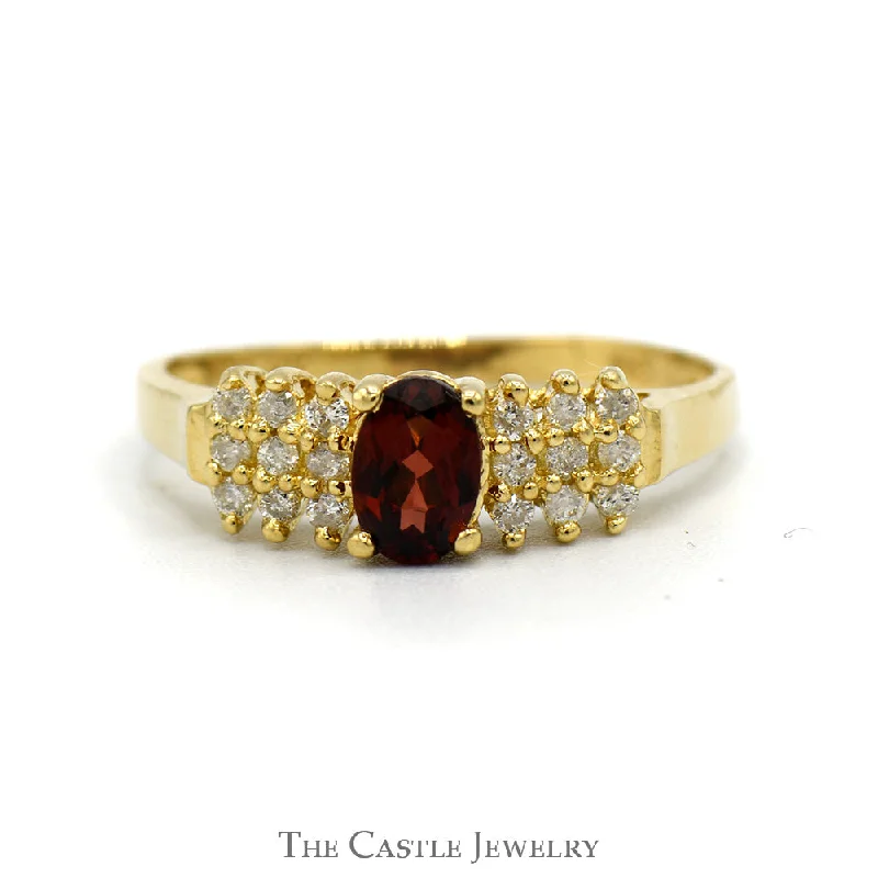 ladies rings for special occasions -Oval Cut Garnet And Diamond Ring With  .18 CTTW Diamonds In 14KT Yellow Gold