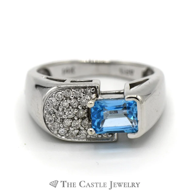 ladies rings for office style -Emerald Cut Blue Topaz and Diamond Cluster Ring in 14k White Gold