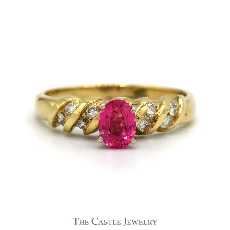 ladies rings with star detail -Oval Pink Topaz And Diamond Ring With .25 CTTW Channel-Set Diamonds In 14KT Yellow Gold