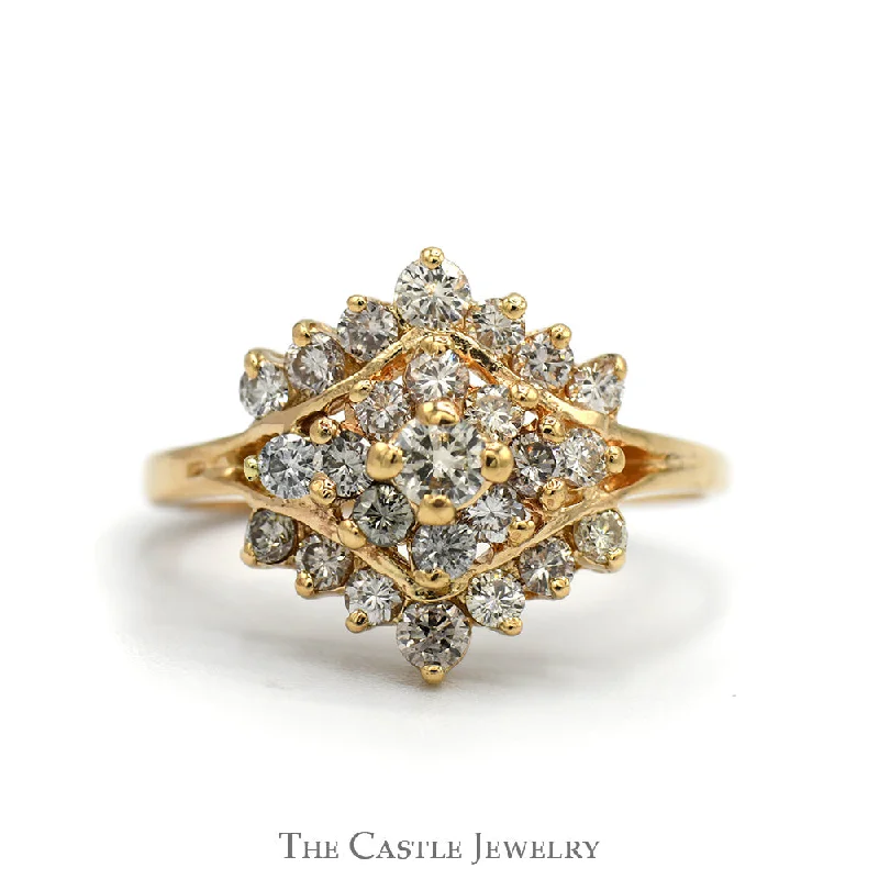 ladies rings with topaz blue -3/4cttw Side Set Marquise Shaped Diamond Cluster Ring in 14k Yellow Gold