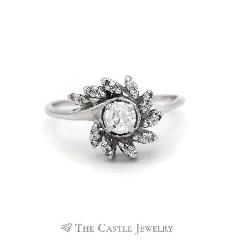 ladies rings delicate thin band -Old European Cut Flower Ring with Round Diamond Accents in 14KT White Gold