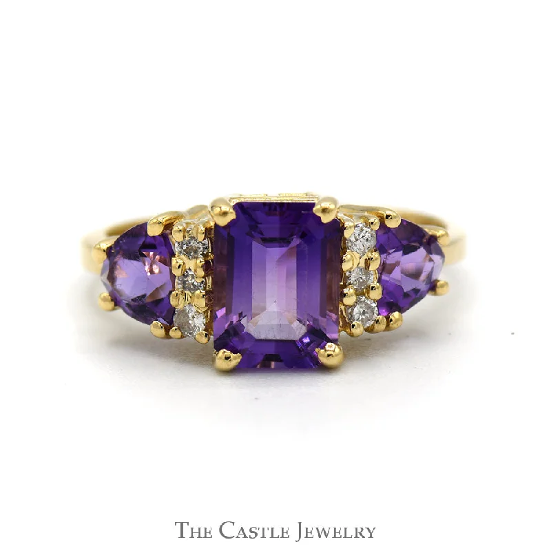 ladies rings sleek modern look -Emerald Cut Amethyst Ring with Trillion Cut Sides & Diamond Accents in 14k Yellow Gold