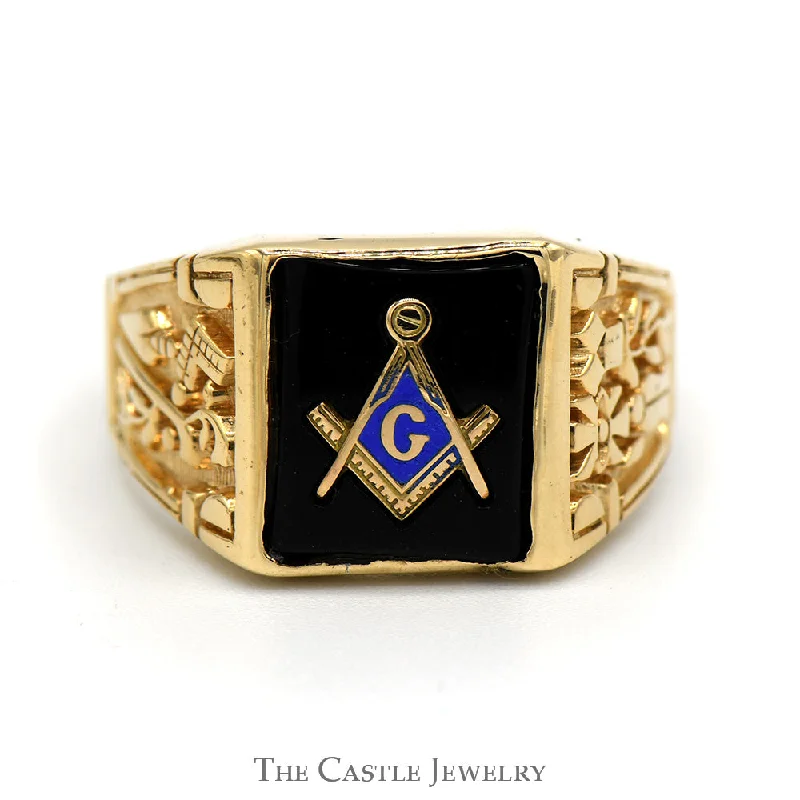 ladies rings for casual days -Square & Compass Black Onyx Masonic Ring with Blue Enamel Detail and Plumb & Trowel Sides in 10k Yellow Gold