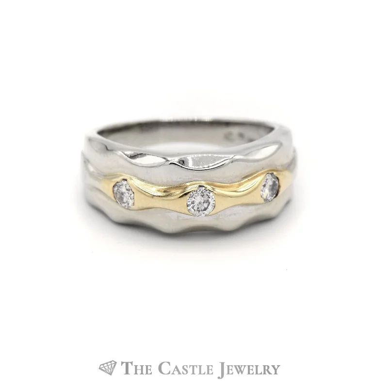 ladies rings trendy minimalist vibe -Two Toned Diamond Ring with Waved Designed Mounting in 14KT White and Yellow Gold