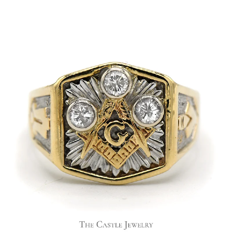 ladies rings stylish affordable -Bezel Set Diamond Masonic Ring in 10k Two-Tone White and Yellow Gold