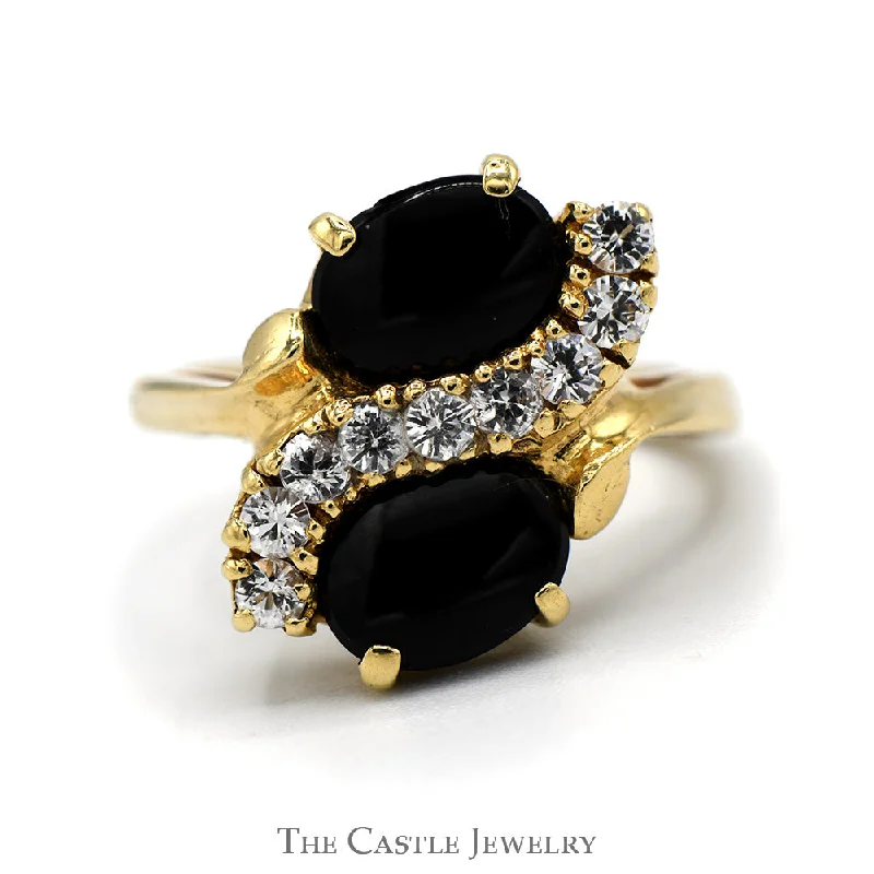 ladies rings for wedding day -Double Oval Onyx Ring with White Topaz Accents in 14k Yellow Gold