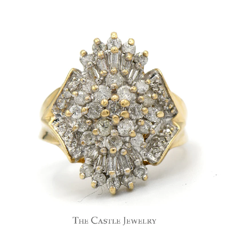 ladies rings with gold plating -1/2cttw Baguette and Round Diamond Cluster Ring in 10k Yellow Gold