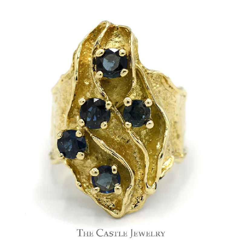 ladies rings for evening glamour -Round Sapphire Cluster Ring with Unique Freeform Shield Design in 14k Yellow Gold Ridged Mounting