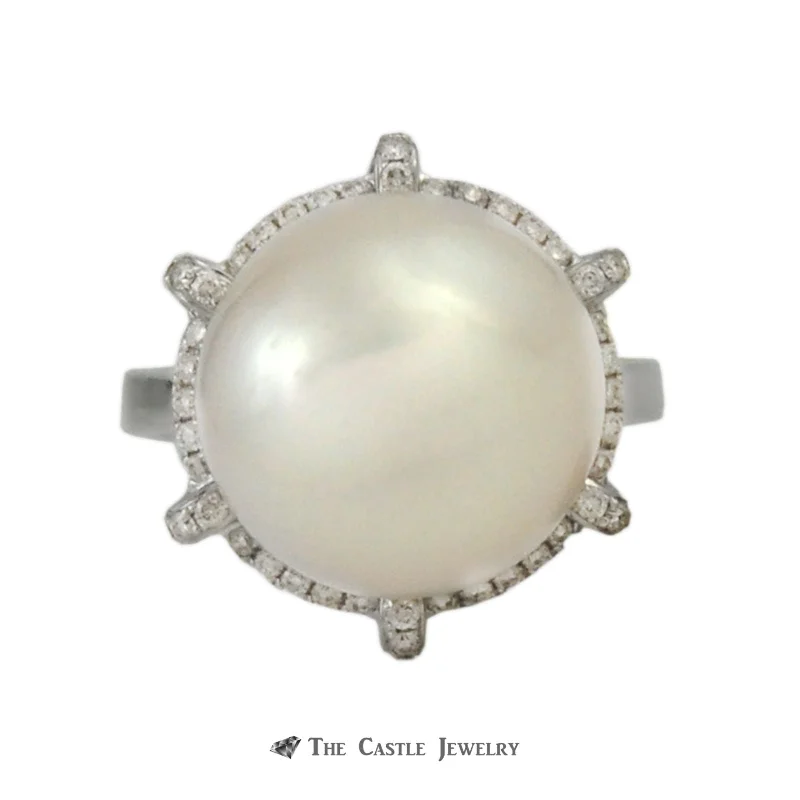 ladies rings delicate thin band -Large 14mm Pearl Ring with Unique .37cttw Round Brilliant Cut Diamond Bezel