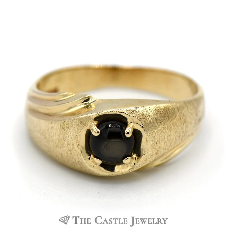 ladies rings floral pattern charm -Men's Round Black Lindy Star Sapphire Ring in 10k Yellow Gold