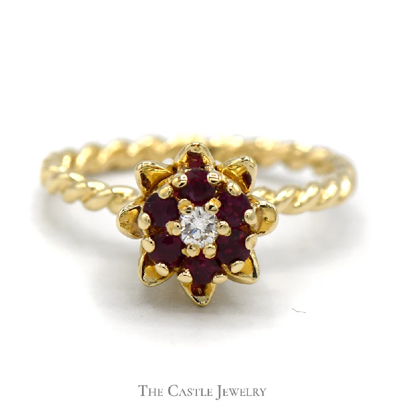 ladies rings adjustable size fit -Ruby and Diamond Cluster Ring with Flower and Rope Designed 14k Yellow Gold Mounting