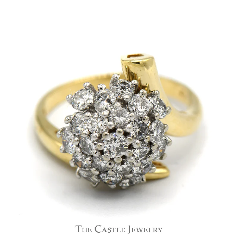 ladies rings layered stackable look -1cttw Round Shaped Diamond Cluster Ring in 14k Yellow Gold Bypass Setting