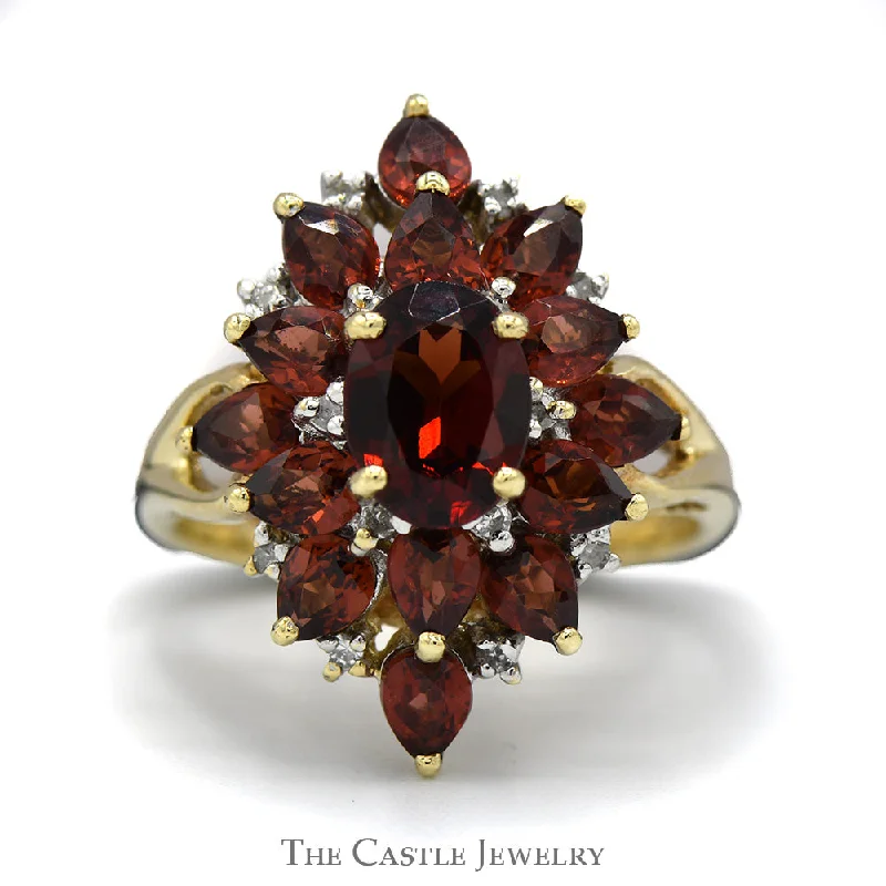 ladies rings for young women -Oval and Pear Garnet Cluster Ring with Diamond Accents in 10k Yellow Gold